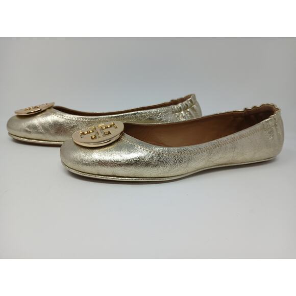 Tory Burch Minnie Travel Ballet With Logo Spark Gold Shoes Women’s Sz 10.5 New - Picture 8 of 16